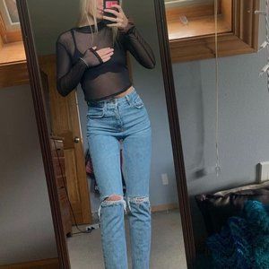 Black Long Sleeve  Cropped Sheer Mesh Top